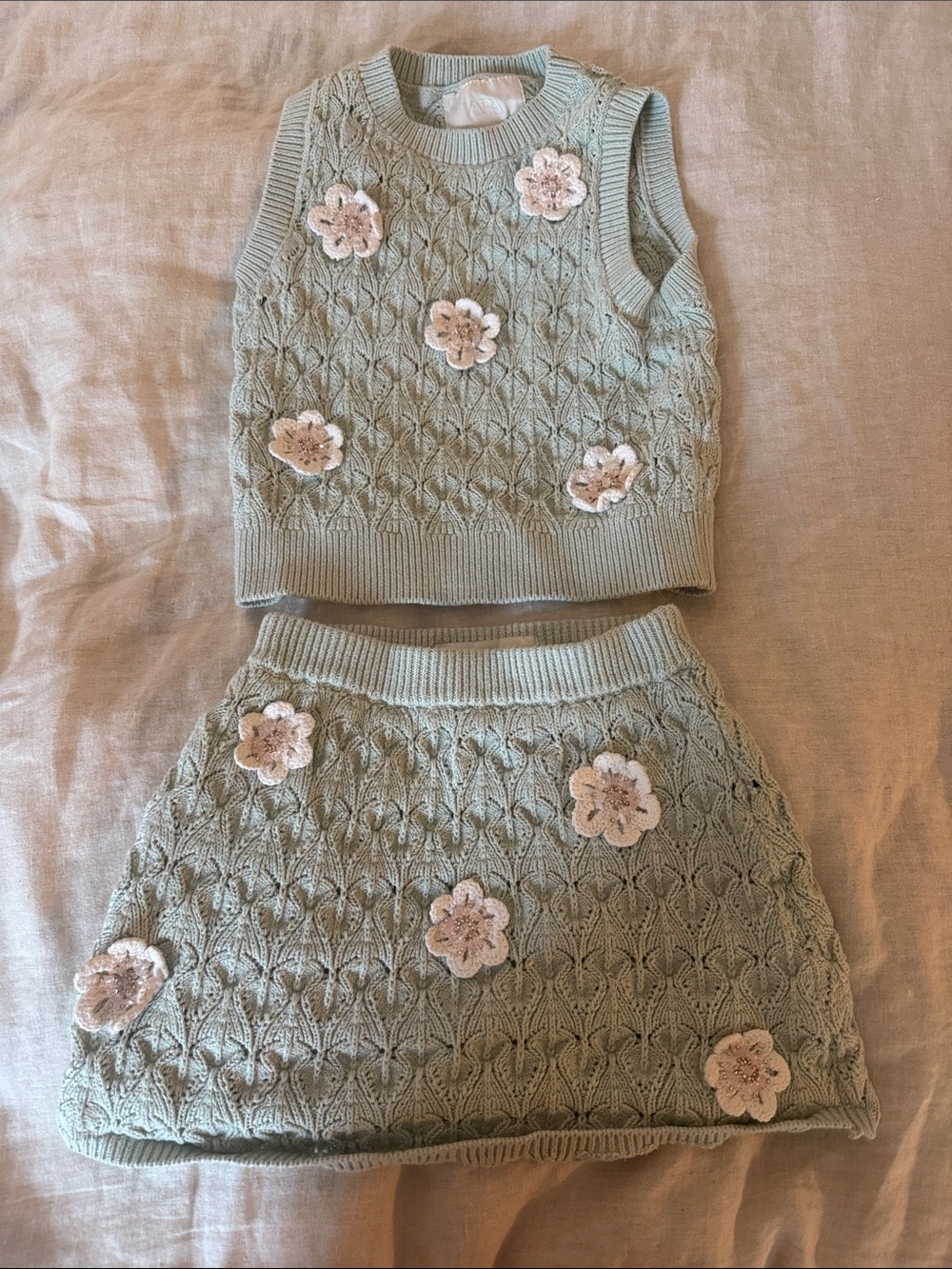 Zara Kids Sage Green Crochet Flower Knit Matching Set